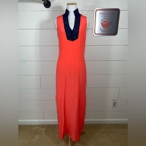 Sail to Sable Silk Coral Sleeveless Beaded V-Neck Maxi Dress